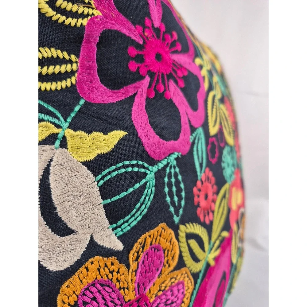 Nur Embroidered Floral Pillow Boho Black Multicolor India Throw‎ Cushion 16